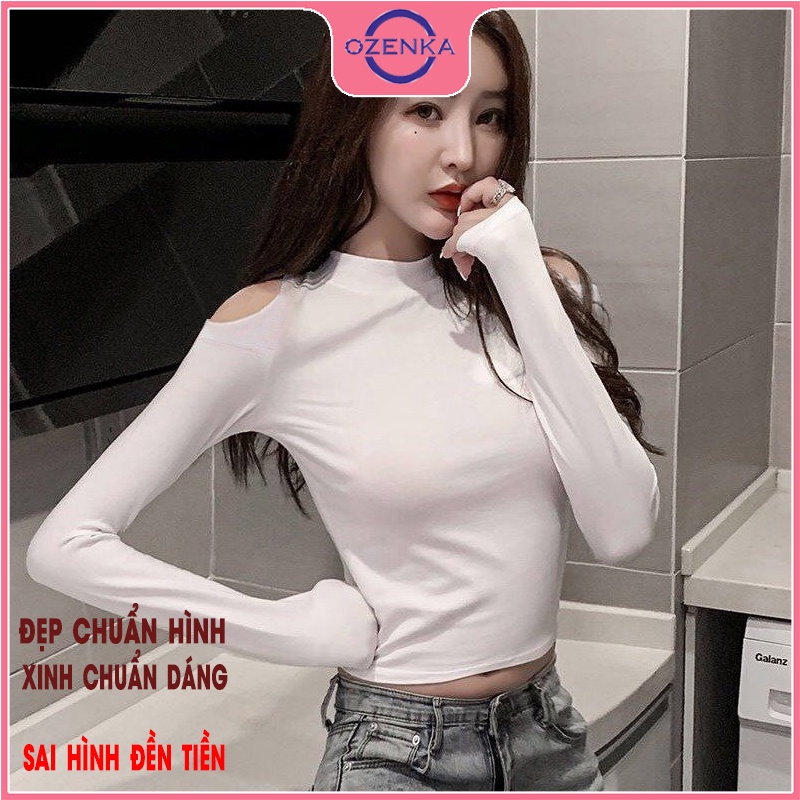 Áo croptop cổ lọ hở vai tay dài OZENKA , crt ôm body thun gân 100% cotton đen trắng free size dưới 50kg mặc đi chơi