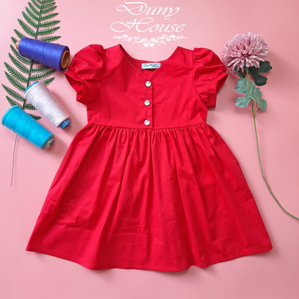 Váy Bé Gái 100% thô cotton cổ tim, tay bồng xinh, cúc mở ngực xinh xắn Thời Trang Thiết Kế Cho Bé Gái Duny House