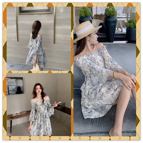 váy phong cách hàn quốc Đầm chữ A vải voan tay loe một lớp ôm eo họa tiết hoa phong cách Hàn Quốc cho nữ váy ngắn tay váy dài