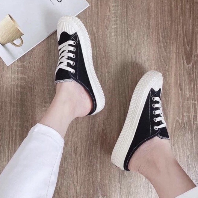 Giày sục thể thao nữ vải canvas đạp gót sục nữ đế độn màu đen trơn cao 3p form rộng LAPA - LP088