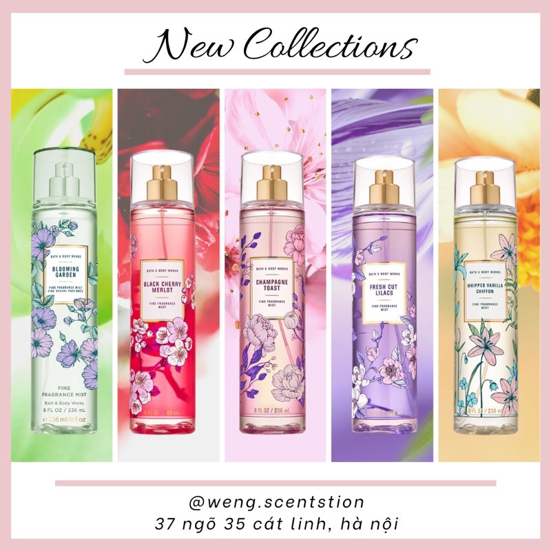 (MÙI MỚI) Xịt thơm Bath & Body Works:Blooming Garden, Fresh Cut Lilacs, Merlot, Whipped Vanilla chiffon, Champagne Toast