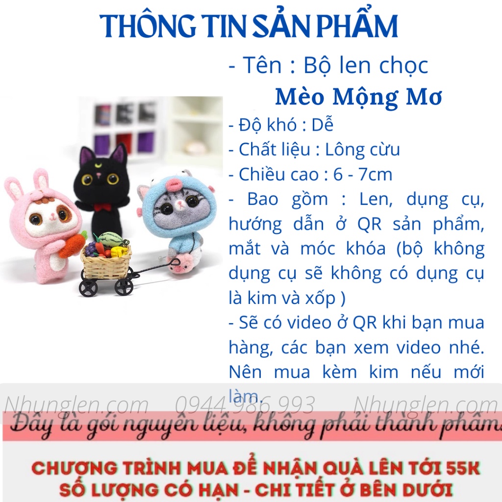 Bộ Len Chọc Mèo Mộng Mơ có hướng dẫn, needle felting cat, quà tặng handmade ý nghĩa