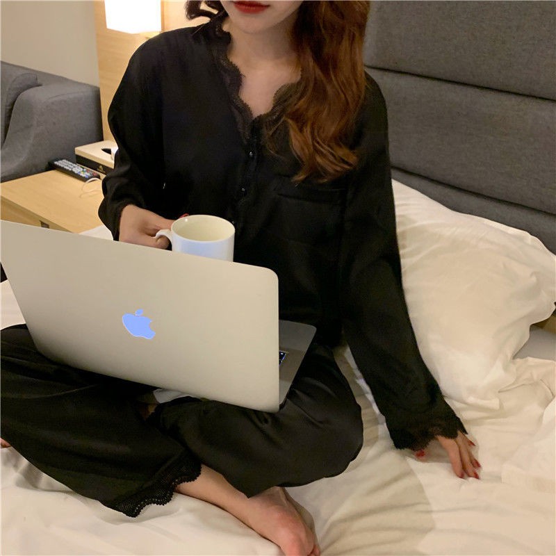 Bộ Đồ Ngủ Pijama Dài Tay Vải Lụa Phối Ren Gợi Cảm Cho Nữ | BigBuy360 - bigbuy360.vn