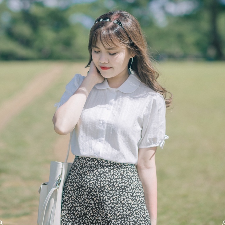 Áo sơ mi nữ màu trắng ngắn tay cổ sen basic thiết kế Bazzi  - ẢNH THẬT TỰ CHỤP