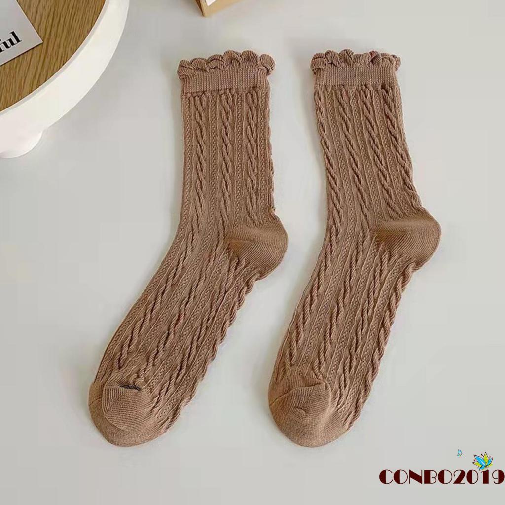 Đôi vớ cotton phối ren nhiều màu sắc trơn tùy chọn thời trang thu đông dành cho nữ