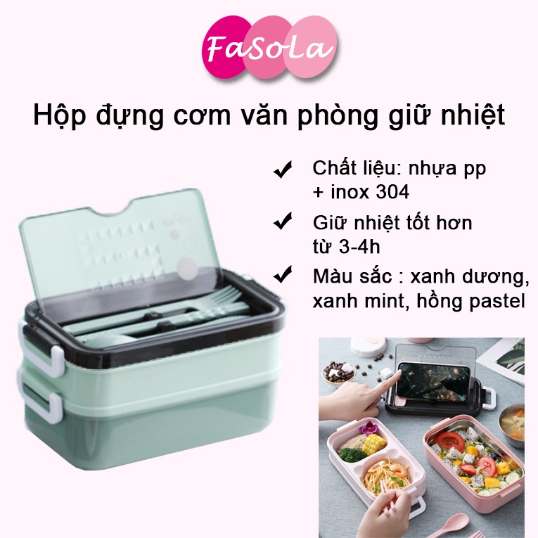 Hộp đựng cơm văn phòng giữ nhiệt inox 304 2 tầng 3 ngăn kèm cốc đựng canh FASOLA