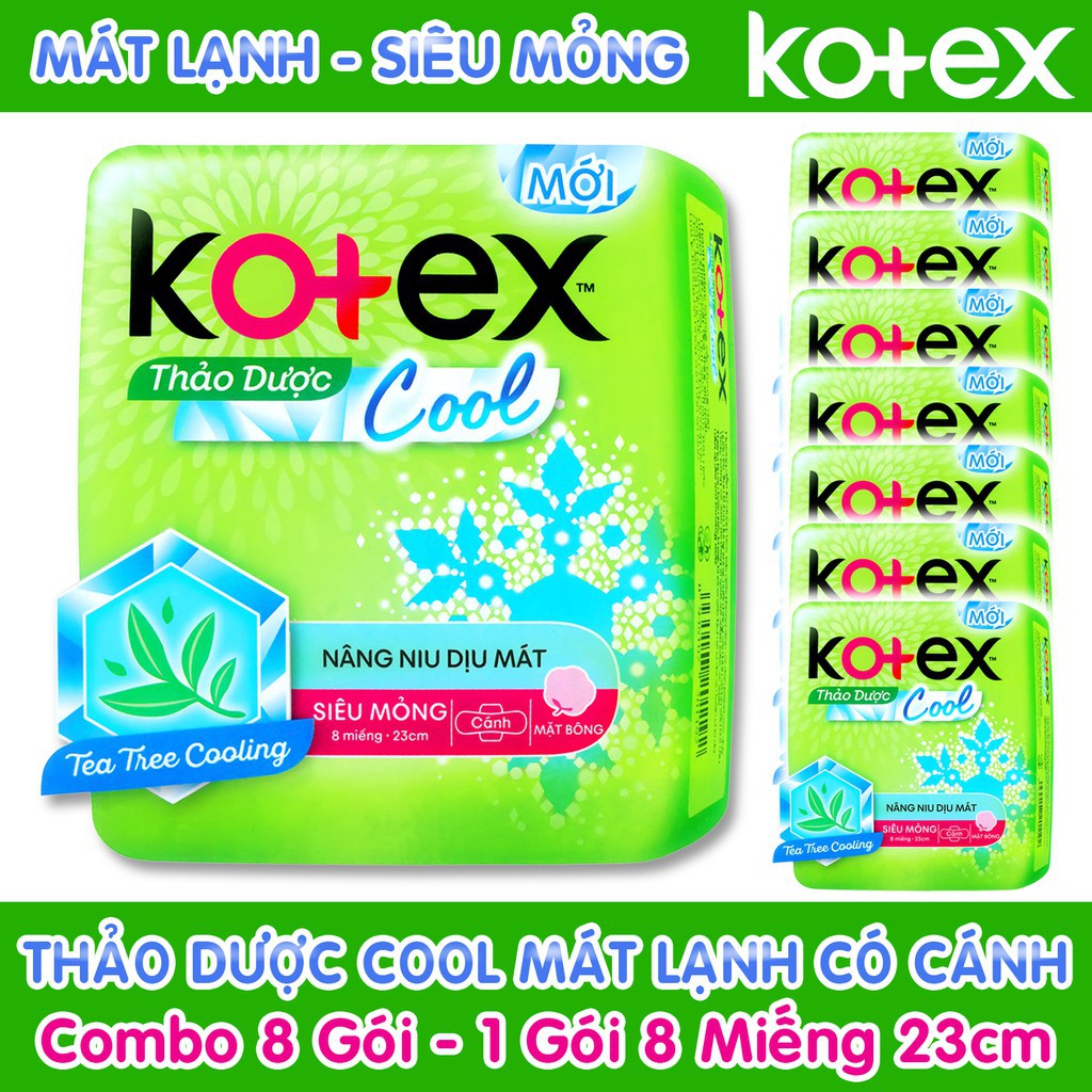 Combo 8 Gói Băng Vệ Sinh Kotex Thảo Dược Cool Mát Lạnh Siêu Mỏng Có Cánh 23cm ( 1 Gói 8 Miếng - 1 Lốc 8 Gói ) .