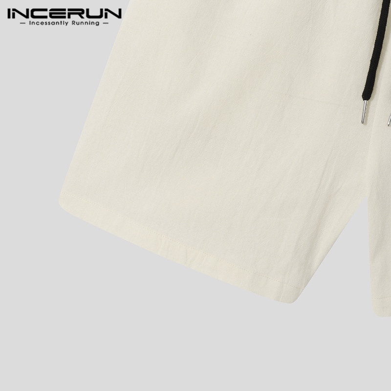 Áo cardigan INCERUN vải cotton dài tay dáng rộng+quần ngắn in họa tiết cổ điển dành cho nam