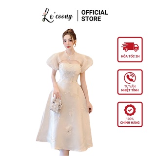 Set Đầm Kèm Áo Khoác LECOONG V238 Đính Hoa Đá Họa Tiết Bướm Sang Chảnh