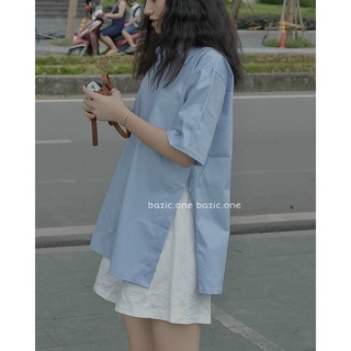 [Ảnh Thật] Sơ Mi xẻ lai xanh + Short trắng