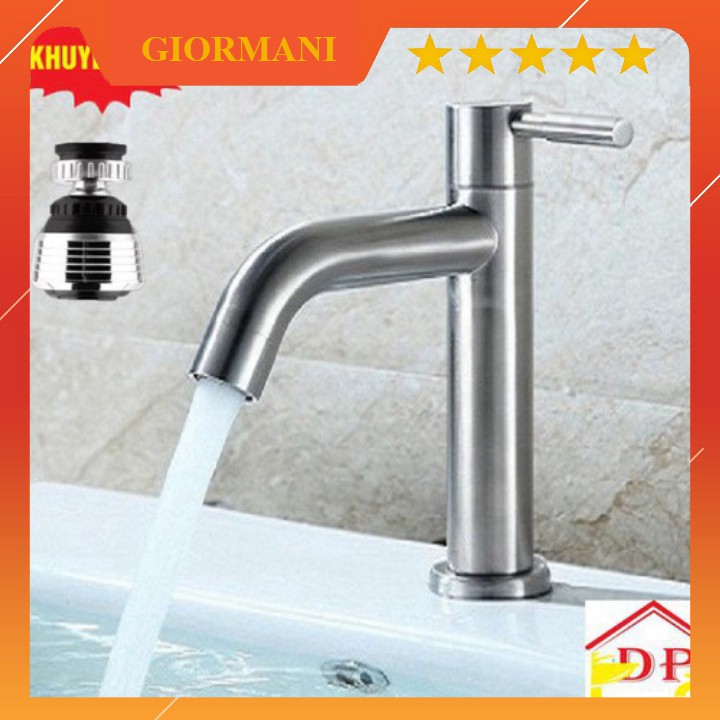 Vòi lavabo, Vòi lạnh chậu rửa mặt inox 304 cao cấp tặng dây cấp nước + đầu vòi rửa điều hướng 360 độ