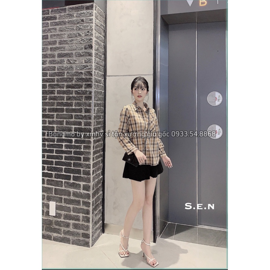 Áo sơ mi nữ dài tay kẻ sọc caro dáng xuông phối túi ngực thời trang Banamo Fashion 3915 | BigBuy360 - bigbuy360.vn