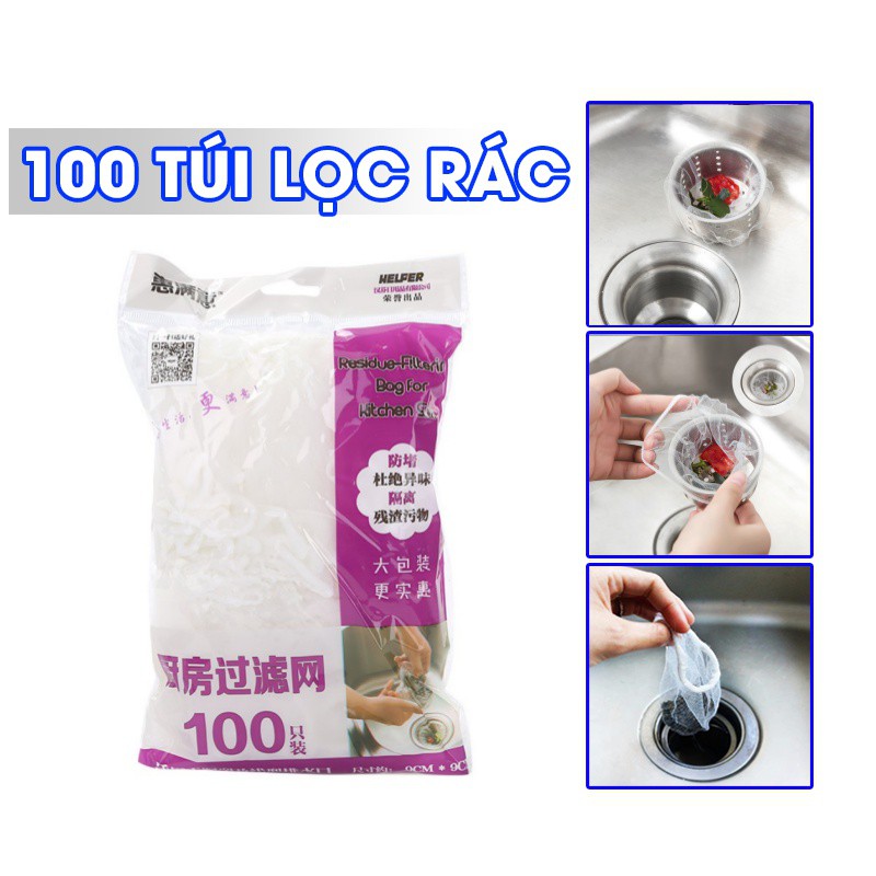 Gói 100 Túi Lọc Rác Bồn Rửa Chén, Túi lọc rác cỡ Lớn loại co giãn tốt chống tắc cống