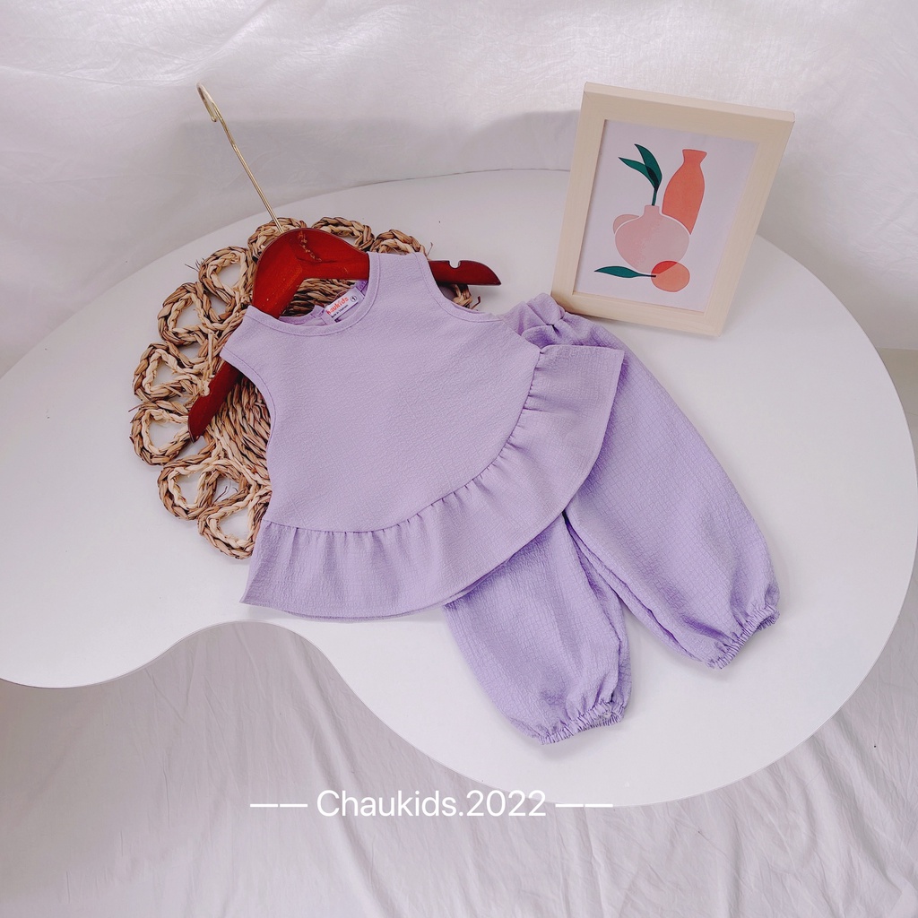 Bộ hè bé gái, bộ đũi xốp áo sát nách vạt bèo quần alibaba siêu xinh cho bé