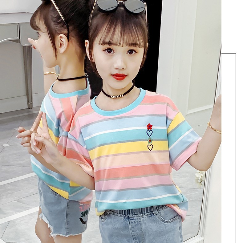 Áo phông bé gái size đai từ 20 -50kg màu cầu vồng thêu hoa-trái tim ngực AH02