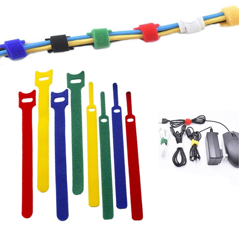 COMBO5 Dây dán tự dính 2 mặt chữ T, dây buộc gọn dây điện dây cáp có lỗ xỏ nhiều màu