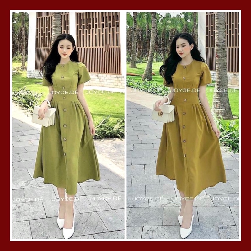 Váy thiết kế cổ tròn li eo cúc dừa dáng xòe dài hai màu tiểu thư sang chảnh