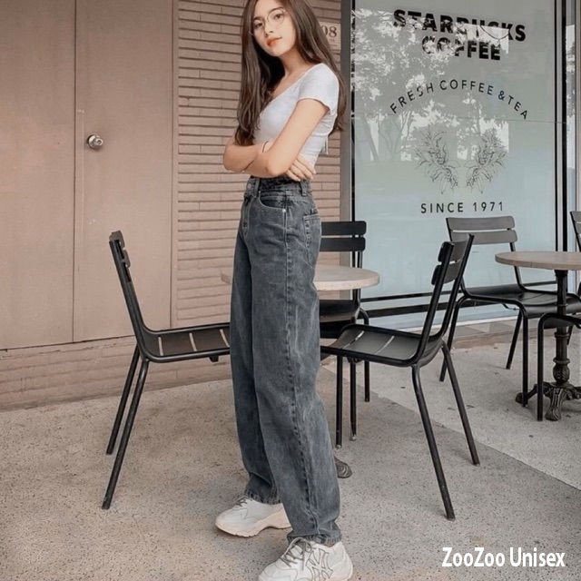 Quần Jean Nữ Ống Rộng Cạp Lưng Cao SIMPLE Màu Xanh Dáng Suông Chất Bò Cao Cấp | BigBuy360 - bigbuy360.vn