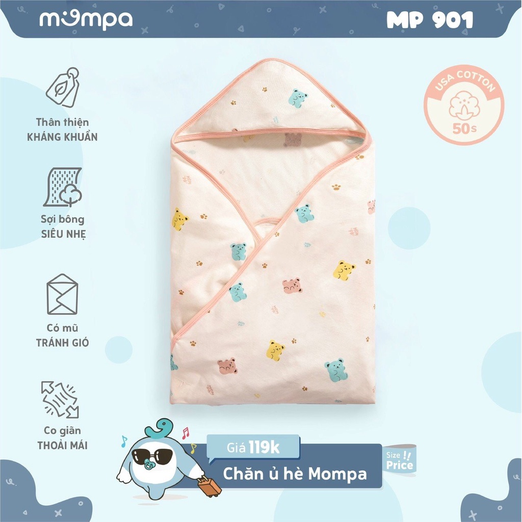 Chăn ủ hè cotton Mompa cho bé sơ sinh thấm hút đa năng làm khăn tắm chăn 80*80cm