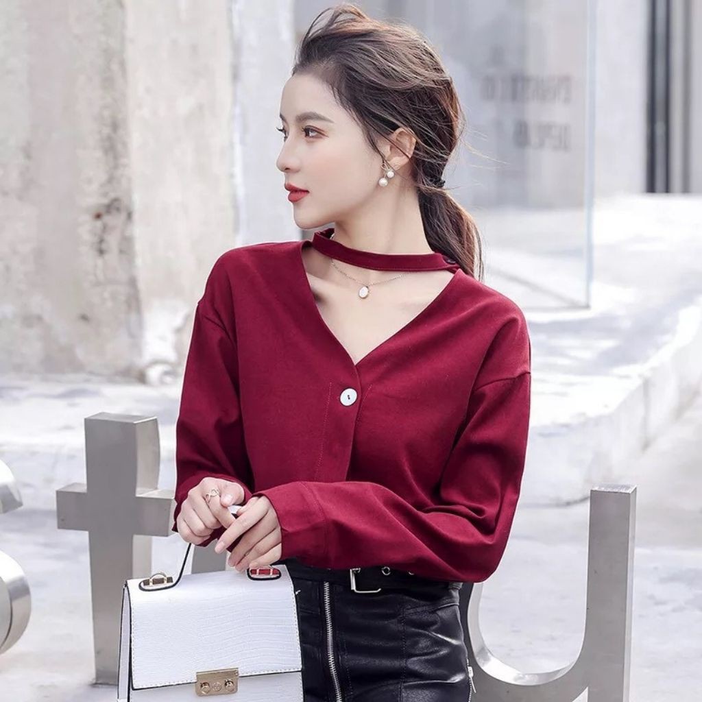 Áo sơ mi công sở dài tay màu đỏ đô Hàn Quốc Hulian Fashion