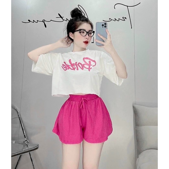 Set Bộ Barbie Áo Croptop Tay Ngắn Fom Rộng Kèm Short Loe alohashop91