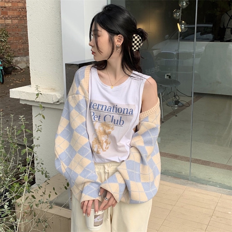 Áo khoác cardigan croptop form rộng dài tay nữ kẻ ô caro