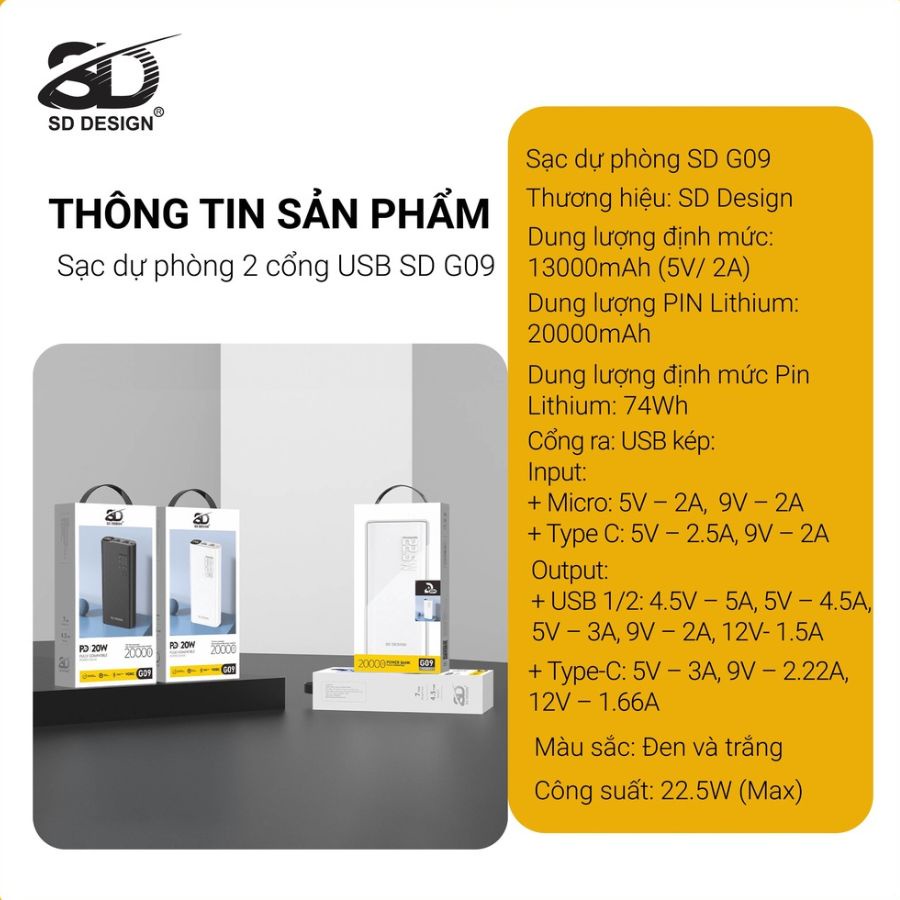 Sạc dự phòng 20000mAh sạc nhanh 22,5W chính hãng SD G09 chuẩn PD QC 3.0 VOOC