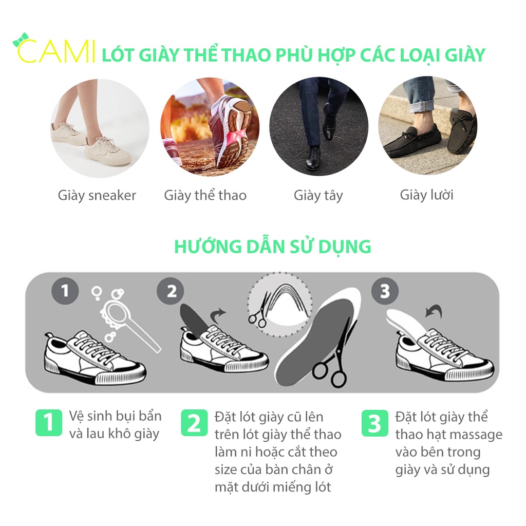 Lót giày thể thao sneaker thấm hủ mồ hôi, thoái khí, có hạt lồi giúp êm chân và massage lòng bạn chân - Cami - CMPK228