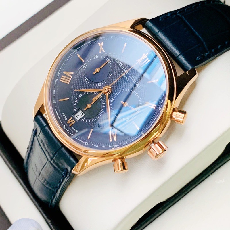 Đồng Hồ Frederique Constant Chonograph Quartz Blue ( FC-292MNG5B4 ) Niền Rose Dây Da Xanh Dành Cho Nam