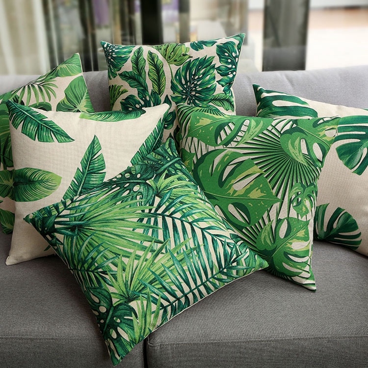 Vỏ gối sofa vải lanh in hình cây nhiệt đới màu sắc