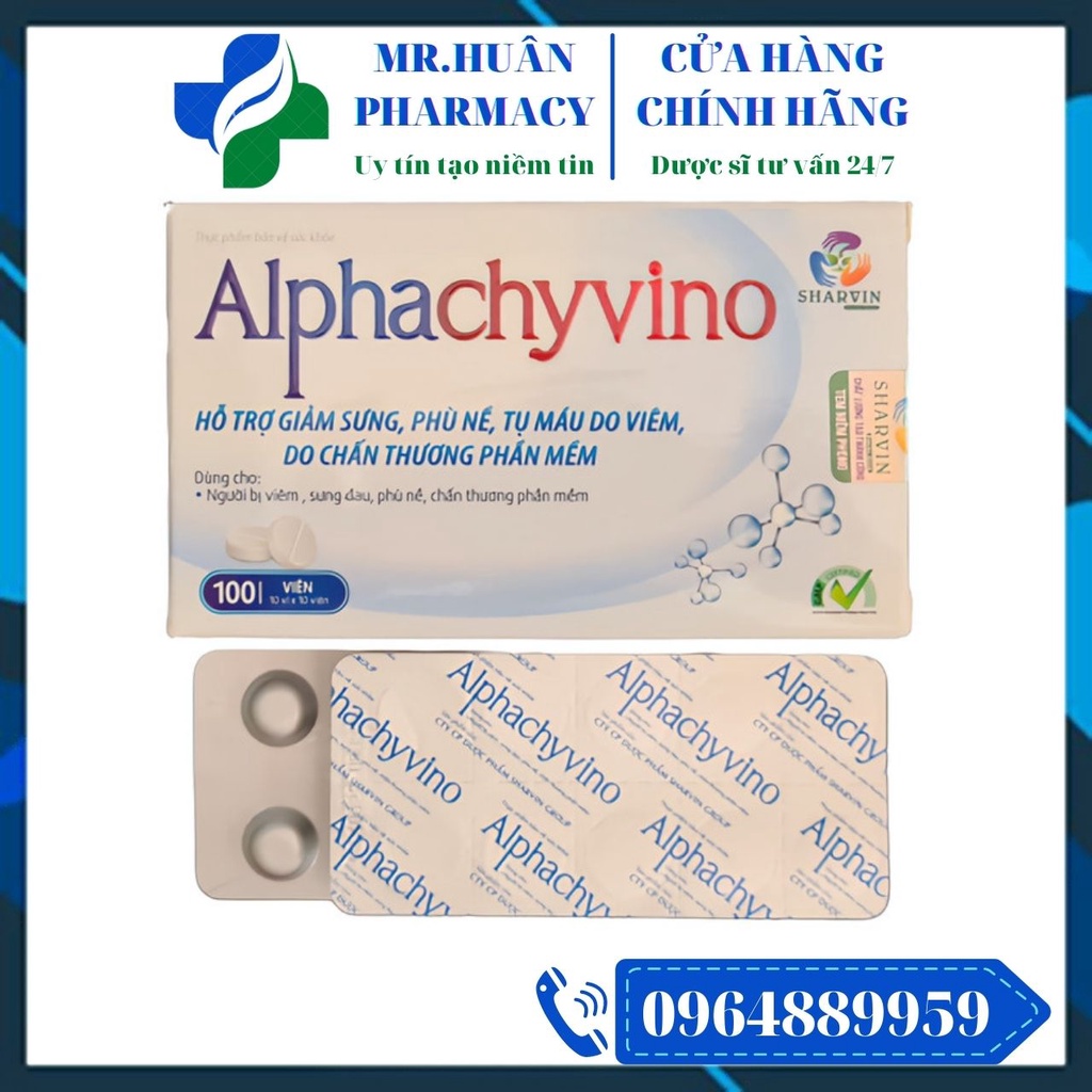 Alphachyvino (Hộp 100 viên) - Hỗ trợ giảm sưng, phù nề, tụ máu do viêm, do chấn thương phần mềm