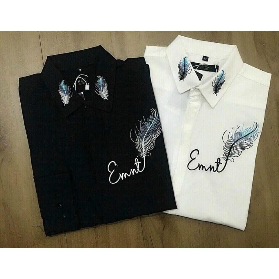 ⚡️HOT⚡️Áo sơ mi nam nữ tay dài thêu hình màu trắng-đen có size m,l,xl vải lụa mềm mát/ÁO SƠ MI DÀI TAY H01