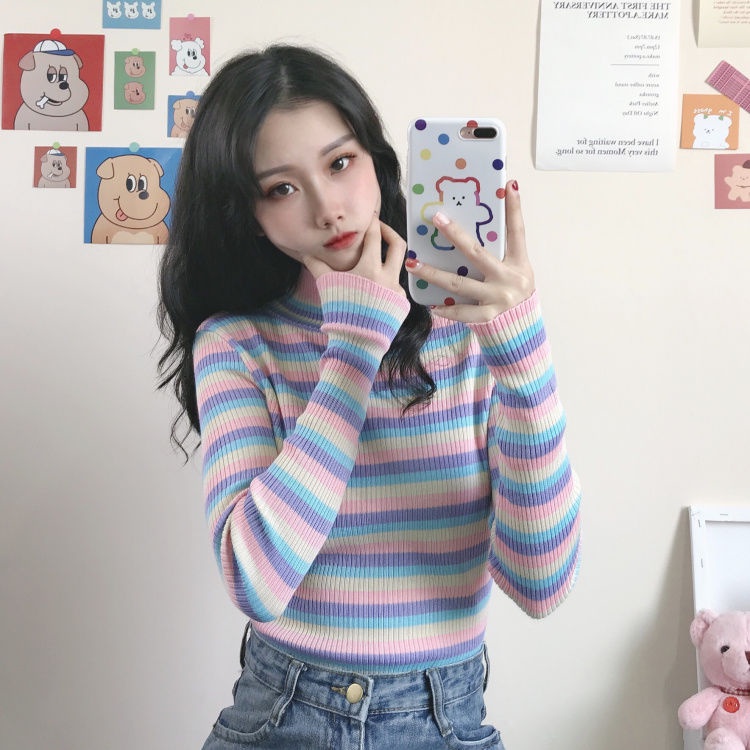 Áo Sweater Dài Tay Cổ Cao Thiết Kế Mỏng Họa Tiết Sọc Cầu Vồng Mới Thời Trang