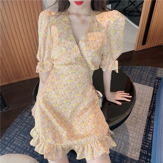 Đầm midi nữ tay ngắn cổ chữ V váy xoè phong cách thanh lịch mùa hè 2021