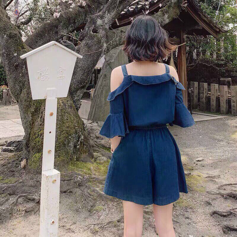 Jumpsuit short denim 2 dây trễ vai full.ML