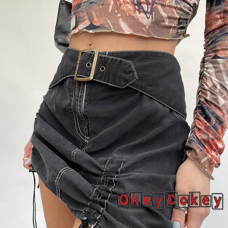 Chân Váy Ngắn Lưng Cao Màu Đen Trơn Phối Dây Rút Phong Cách Cổ Điển Thời Trang Cho Nữ Y2K