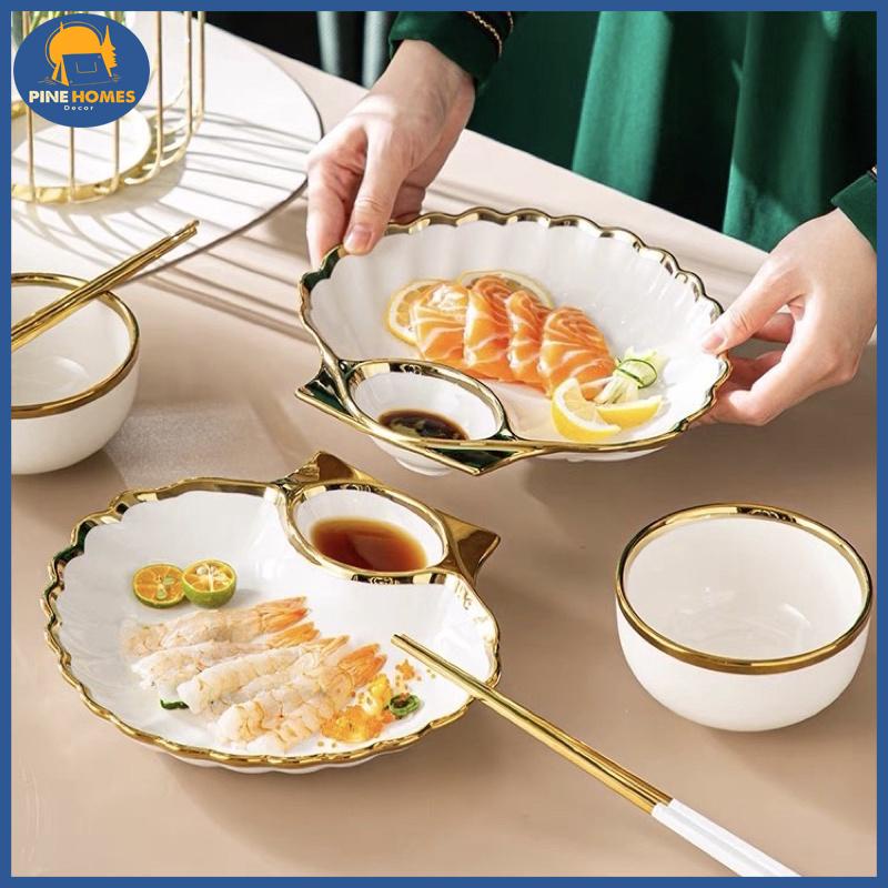 Đĩa Sứ Hình Vỏ Sò Viền Vàng Sang Trọng