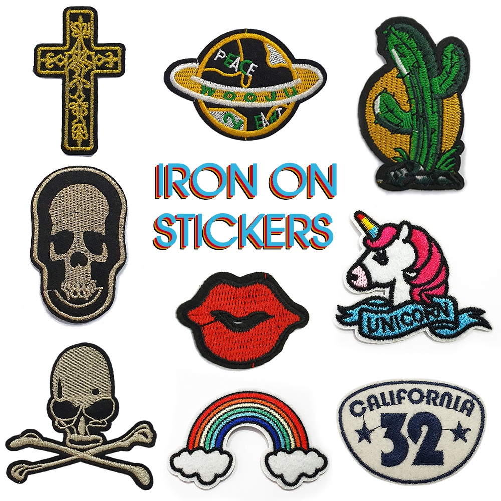 Sticker ủi áo hoa vải thêu Miếng ủi trang trí quần áo nhiều mẫu mã họa tiết đầu lâu cute moto mèo cầu vồng