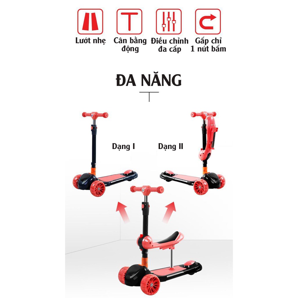 Xe trượt scooter xịn xò bánh to, có đèn phát sáng, chịu lực 80 -100kg