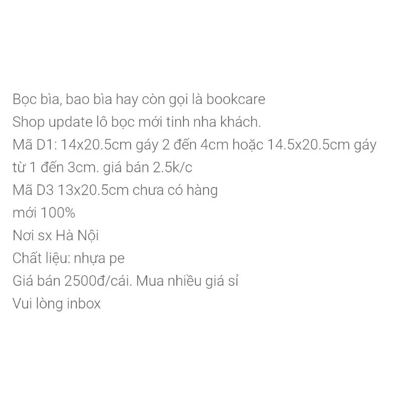 [Mã LIFEXANH03 giảm 10% đơn 500K] 10 cái Bọc bìa bao bìa loại mỏng dẻo khổ dài 20,5cm mã D1 và D3