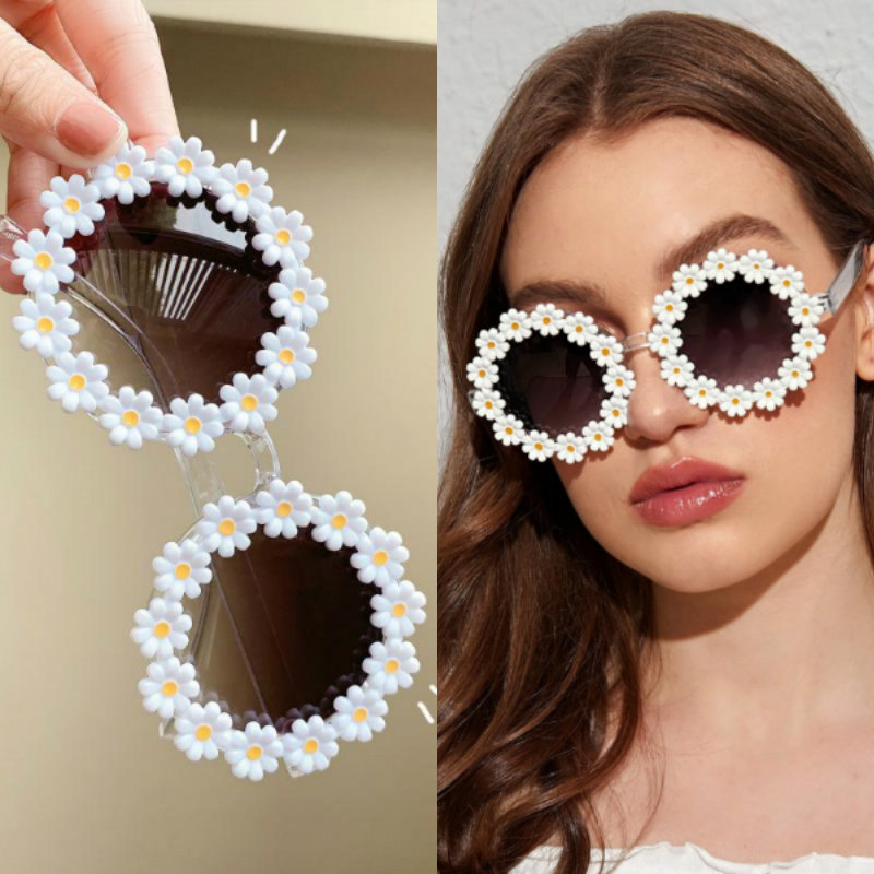 Kính mát gọng tròn họa tiết hoa cúc xinh xắn độc đáo cho nữ