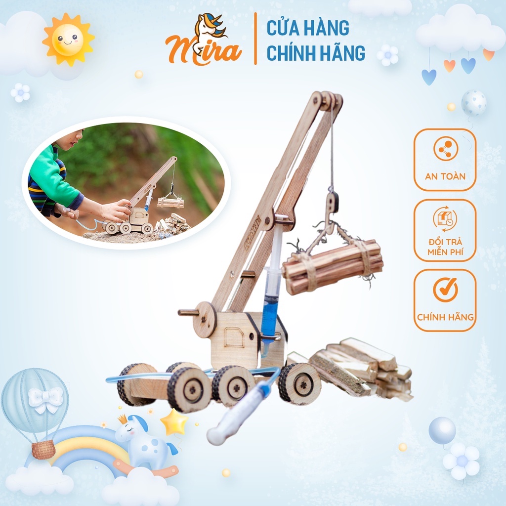 Cần cẩu thủy lực Đồ chơi giáo dục bằng gỗ, đồ chơi khoa học STEM phát triển trí thông minh, sáng tạo của bé Mira Toys