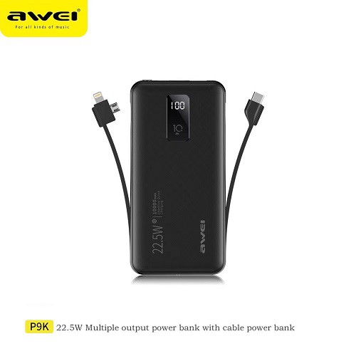 Sạc Dự Phòng Awei P9K 10000mAh 22.5W Hỗ TRợ Sạc Nhanh Cho Điện Thoại Kèm Cáp