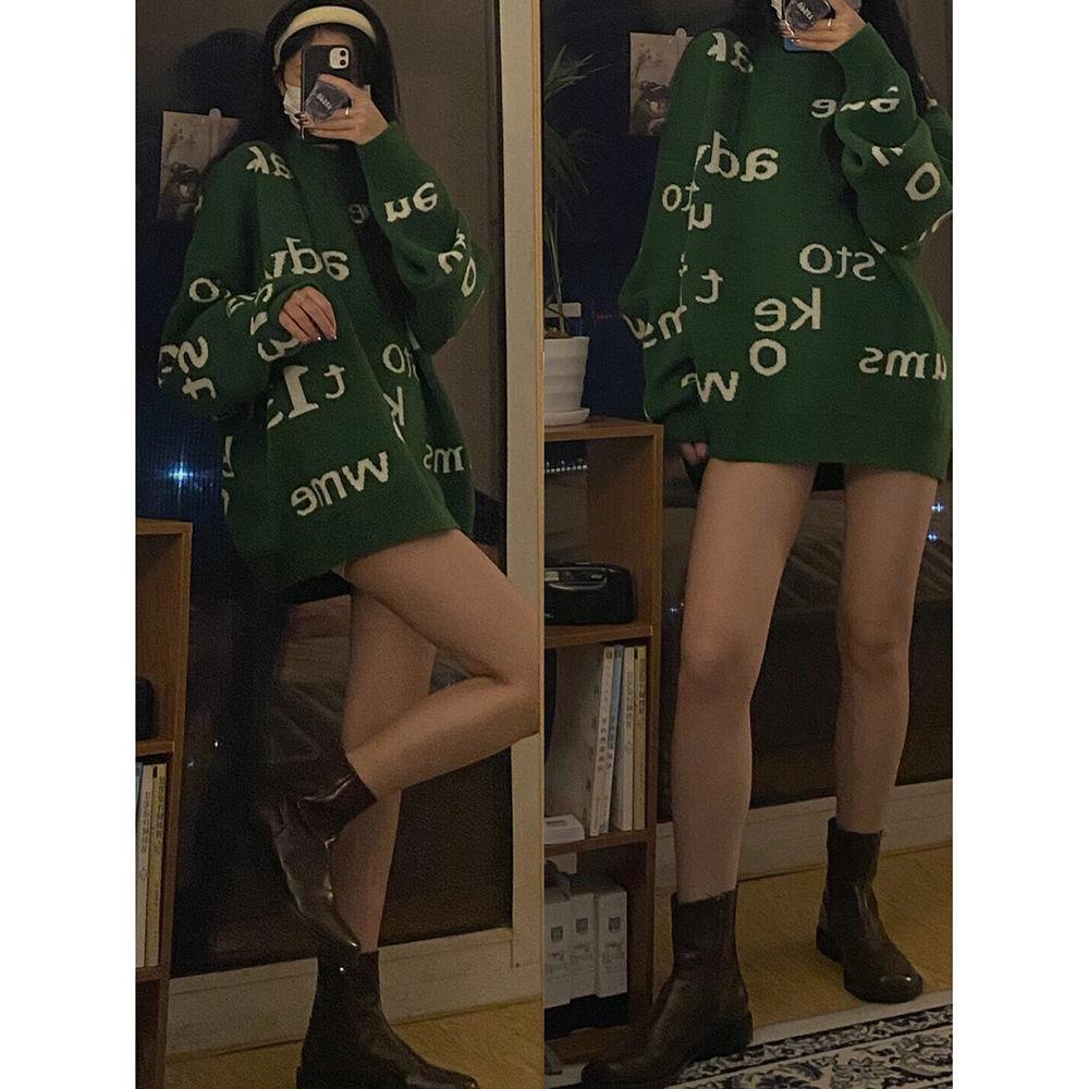 Áo sweater dệt kim dáng rộng in họa tiết chữ phong cách Hàn Quốc thời trang thu đông cho nữ