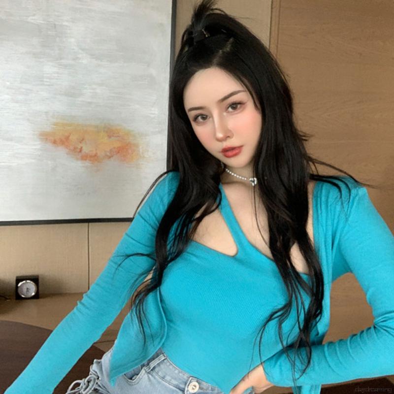 Áo croptop dệt kim không tay và áo khoác cardigan dáng ôm thời trang cho nữ