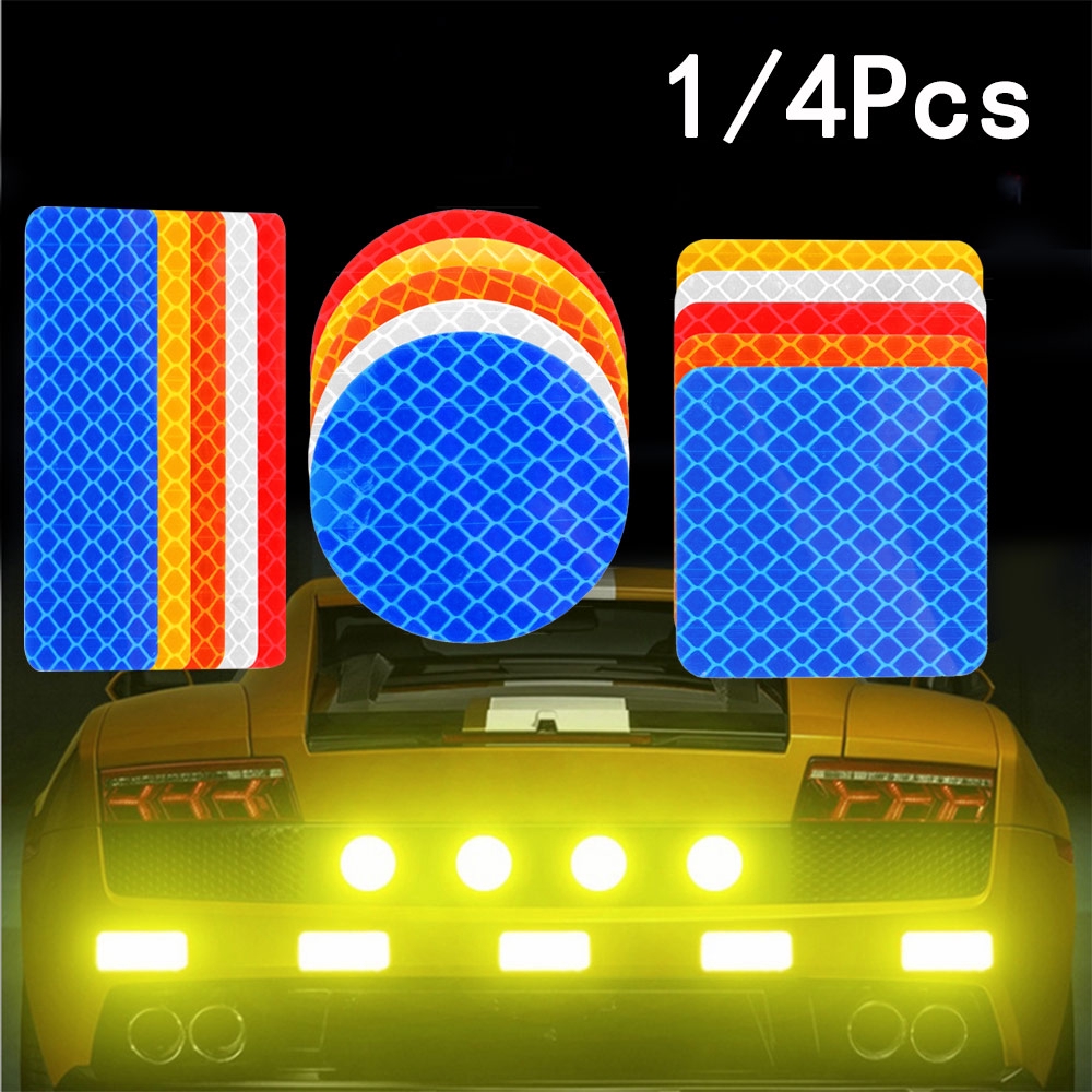 Set 1/4 miếng dán phản quang hình vuông/chữ nhật/tròn lái xe an toàn màu đỏ/xanh dương/cam/trắng/vàng