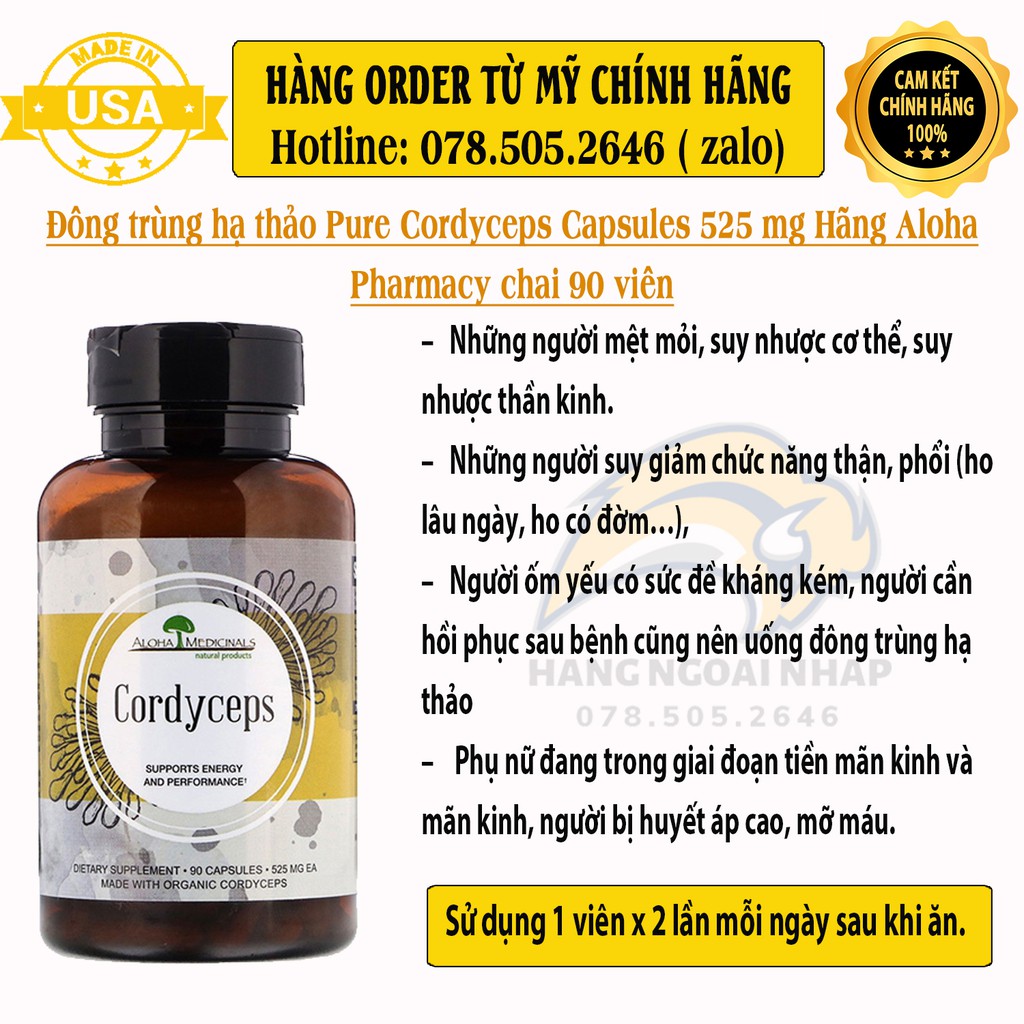 Aloha Cordyceps Đông Trùng Hạ Thảo Hộp 90 Viên Của Mỹ.