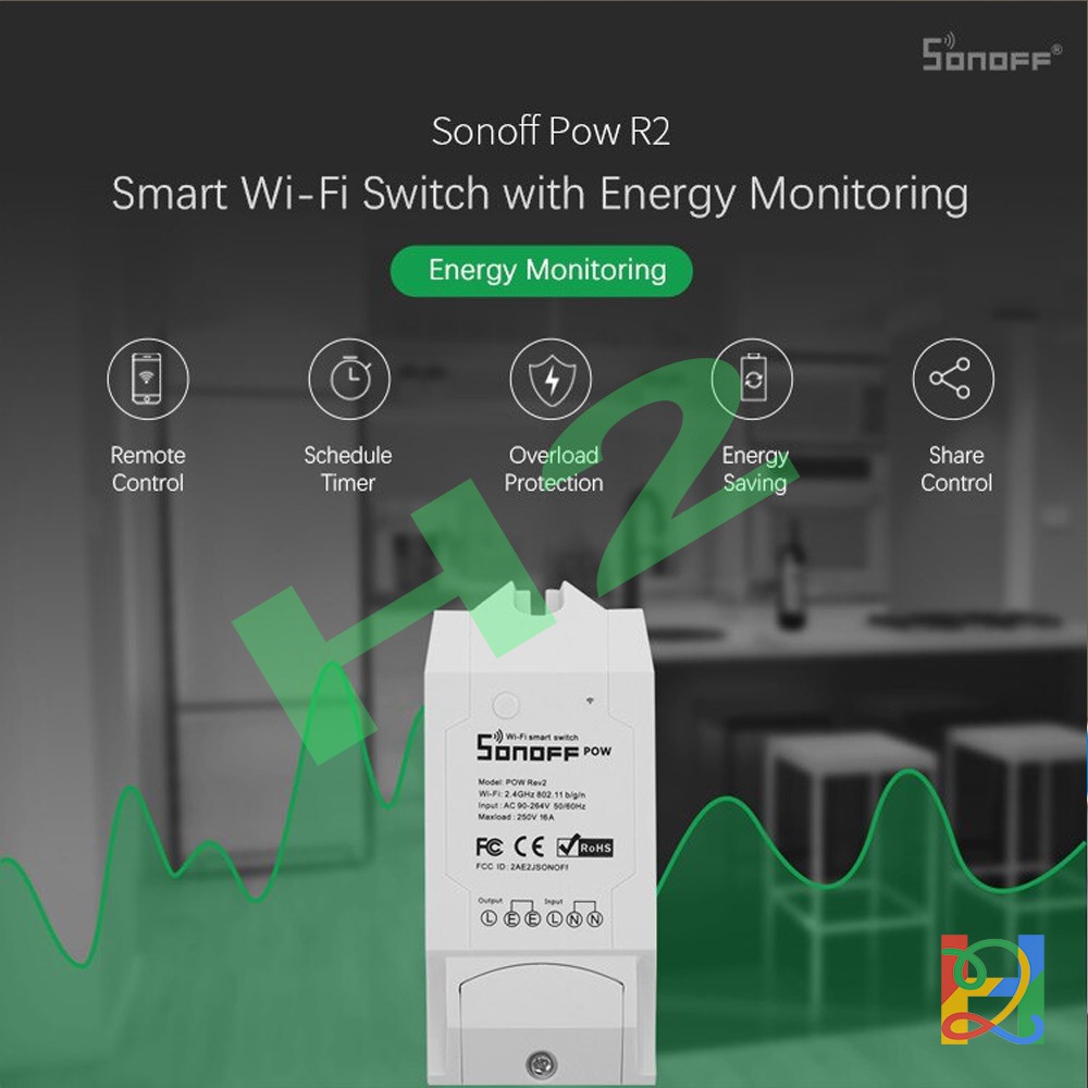 Công tắc Wifi điều khiển từ xa qua wifi, 3G, 4G, đo công suất tiêu thụ Sonoff Pow R2, 16A, 3500W, 220V