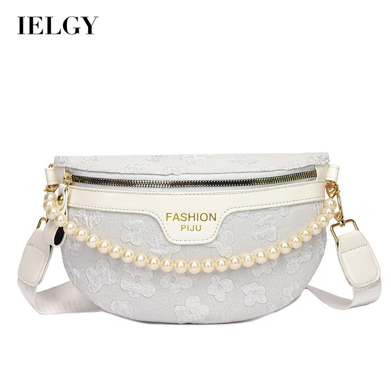 Túi đeo chéo một bên vai IELGY bằng canvas dây đeo bản rộng phối ngọc trai cho nữ
