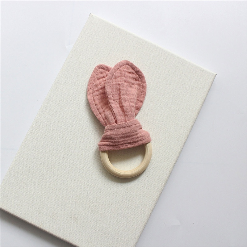 Đồ Chơi Gặm Nướu Bằng Cotton Mềm Mại Hình Tai Thỏ Với Tay Cầm Bằng Gỗ Dễ Thương Cho Bé